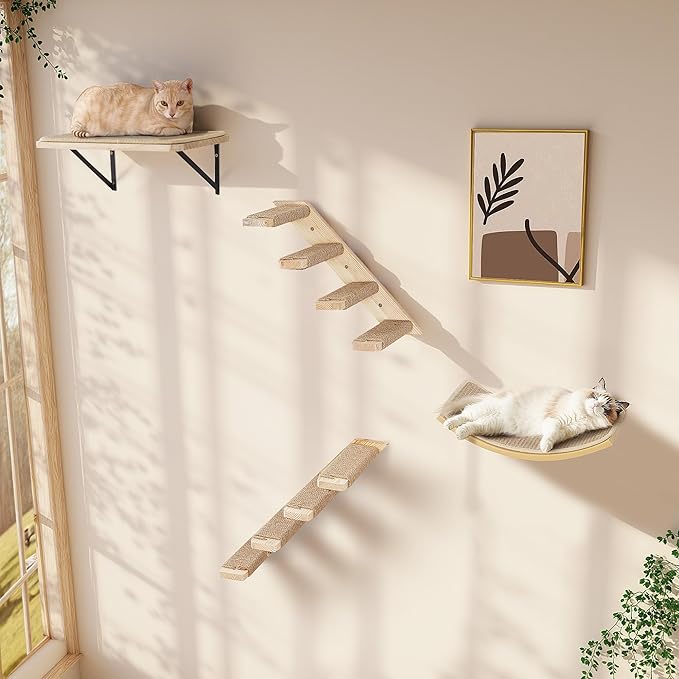Cat Wall Shelves Set with Sisal Cats Stairs, 4 Piece Wooden Climbing Furniture - Image 2