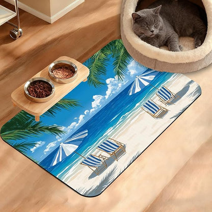 Pet Feeding Mat, Sea Beach Absorbent Dog Cat Food Mat Palm Tree Dog Mat by Unknown