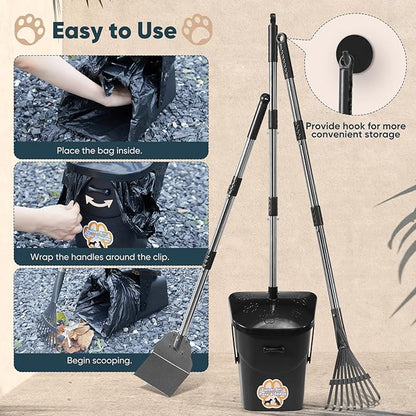 Stainless Steel Dog Pooper Scooper, Rake and Spade, 20 Waste Bags & Hook - Image 4