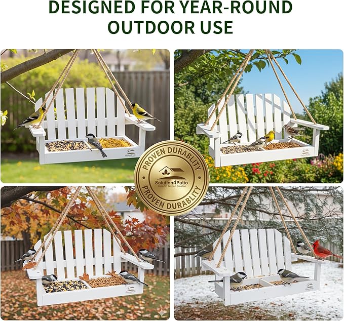 Solution4Patio White Swing Bird Feeder, Squirrel-Proof Metal Mesh Tray - Image 5