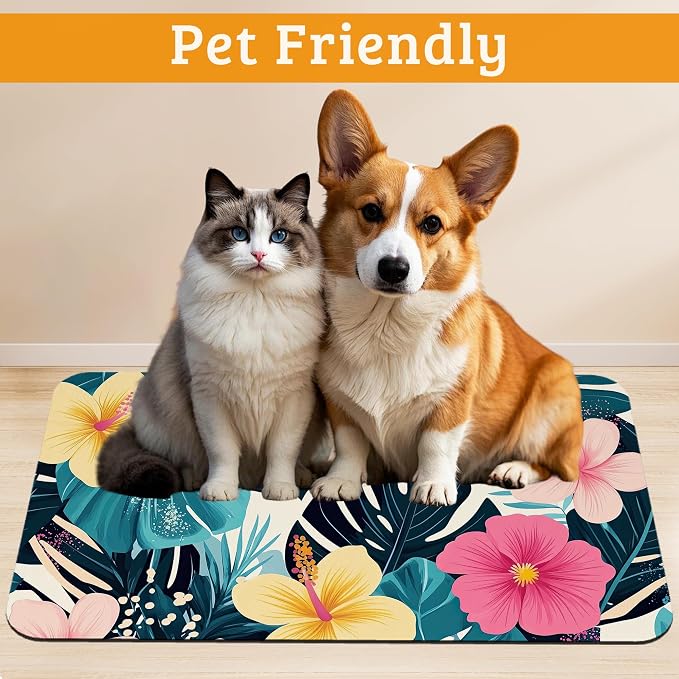 Tropical Palm Dog Food Mat, Exotic Leaves Floral Absorbent Pet Feeding Mat - Image 2