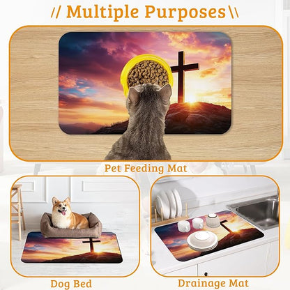 Pet Feeding Mat, Cross Absorbent Dog Cat Food Mat Sunset Dog Mat - Image 7