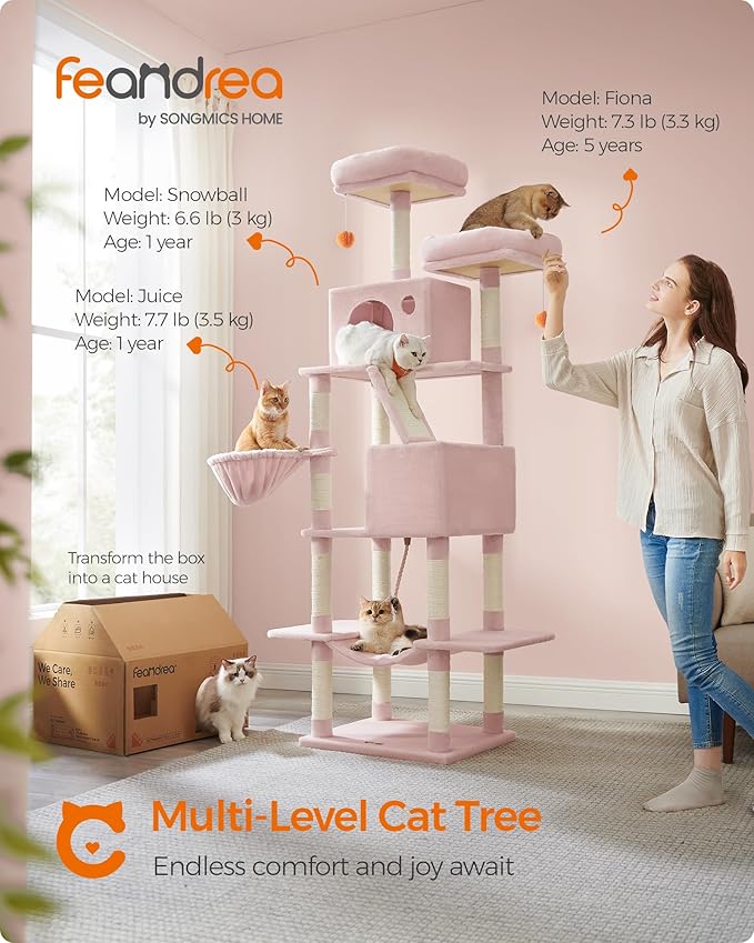 Feandrea Cat Tree, 81.1-Inch Large Cat Tower, 2 Perches, 2 Caves, Jelly Pink - Image 2