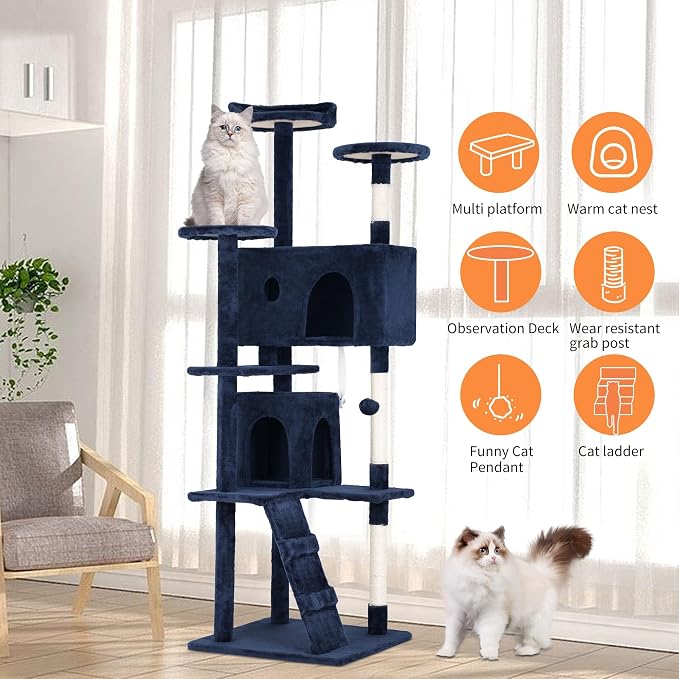 70 Inch Navy Blue Cat Tree, Tall Cat Tower - Image 4