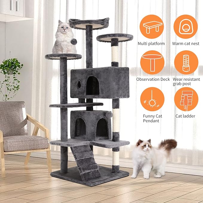 BestPet | 54" Cat Tree Tower | Light Gray | Sturdy, Hanging Cat Toys, - Image 5