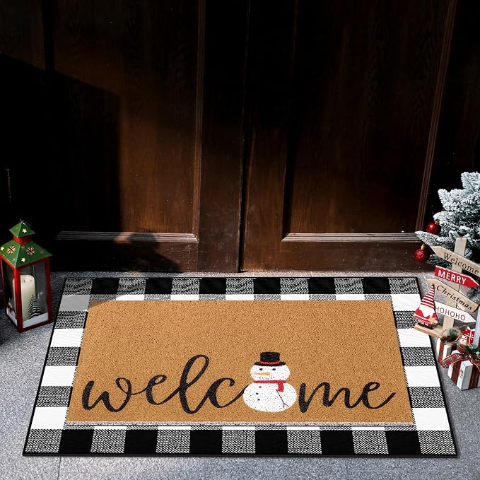 Tinideya 2 Pcs Winter Door Mat Snowman Welcome Non Slip Coir Mats Snow Black - Image 3