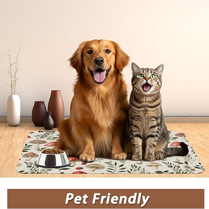 Red Mushroom Pet Feeding Mat, Fern Herb Berries Absorbent Quick-Dry Cat Dog - Image 6
