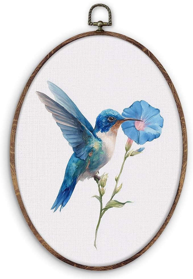 DILSJ Blue Hummingbird Floral Oval Wall Art Decor, Bird Hummingbird Canvas Wall by DILSJ