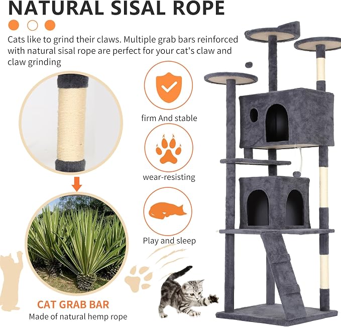BestPet | 81" Cat Tree Tower | Dark Gray | Sturdy, Hanging Cat Toys, - Image 4