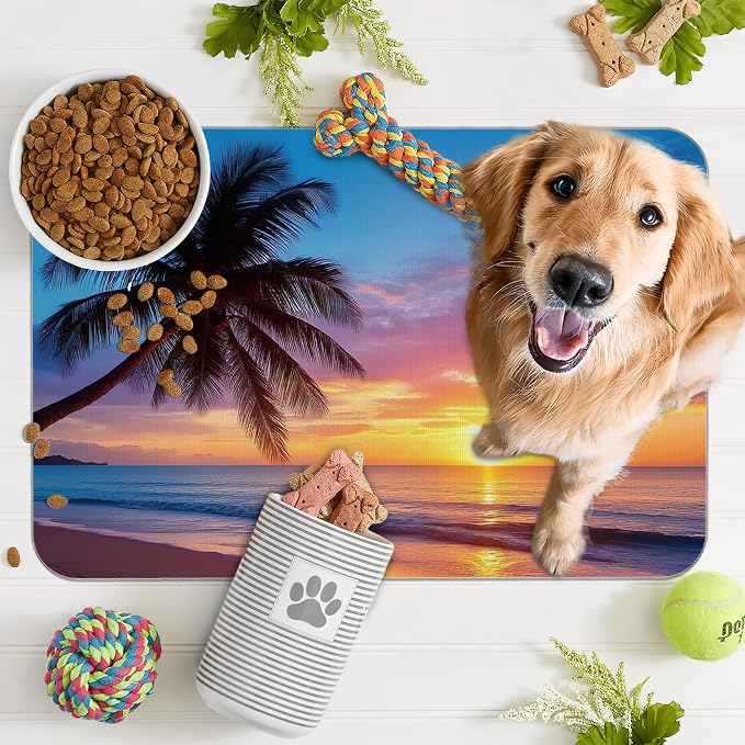 Tropical Palm Pet Feeding Mat, Sunset Trees Sea Beach Absorbent Quick-Dry Cat - Image 7