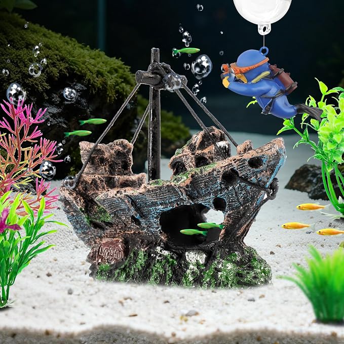 6 Pcs Aquarium Decor Set Shipwreck Decoration Little Diver Floating Fish Tank - Image 5
