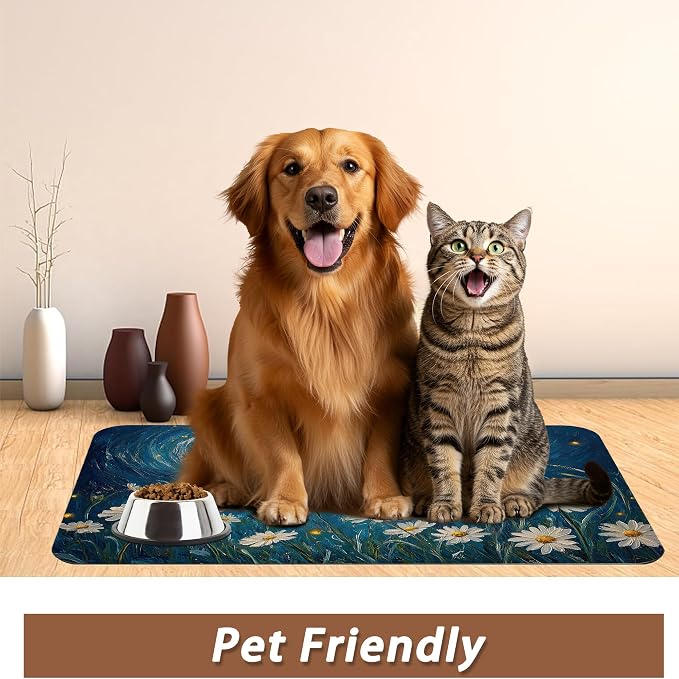 Starry Night Pet Feeding Mat, Moon Daisy Flower Absorbent Quick-Dry Cat Dog - Image 6