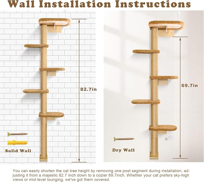 5-Tier Tall Cat Tree for Kittens, Floor to Ceiling Wall Mounted Cat Wall Shelves - Image 6