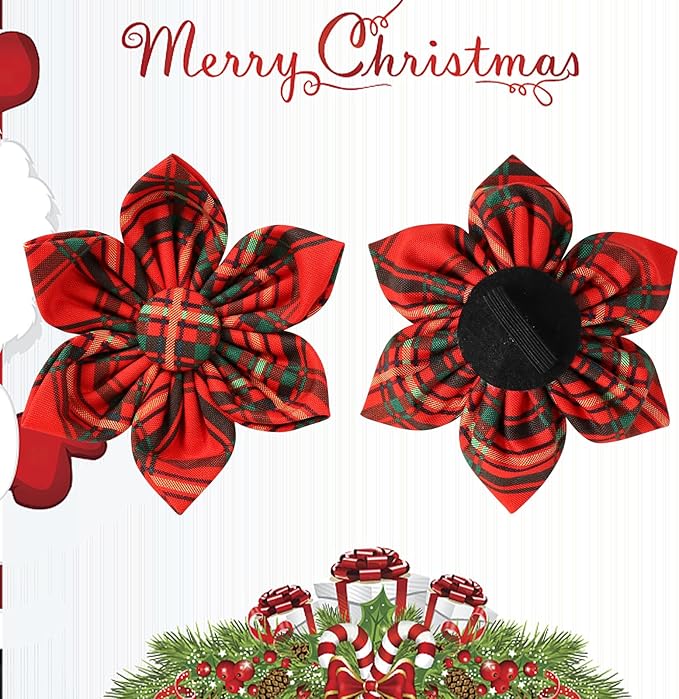 Christmas Dog Collar with Flower, Cotton Christmas Plaid Collar - Image 4