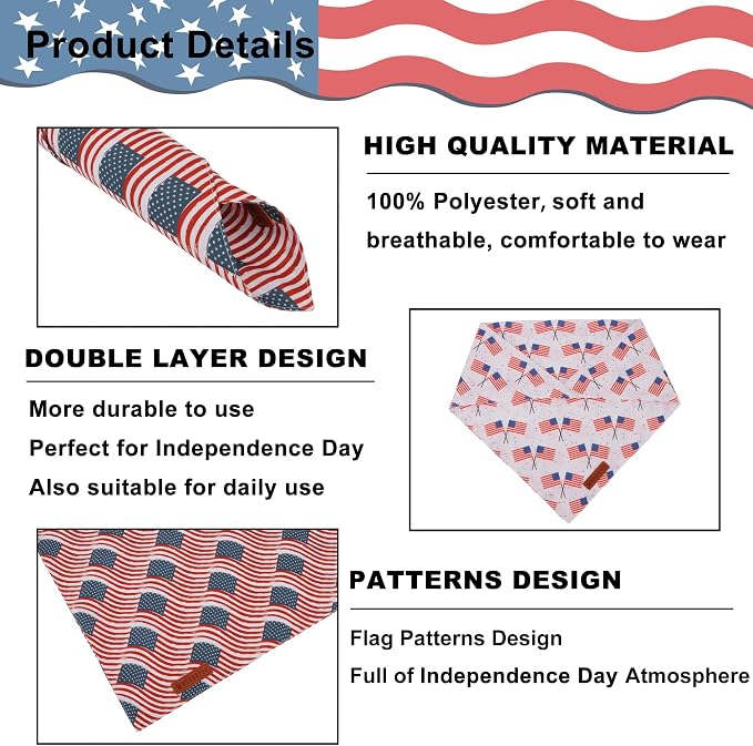 ADOGGYGO American Flag Dog Bandana 2 Pack, Reversible White Red USA Flag Pet - Image 5
