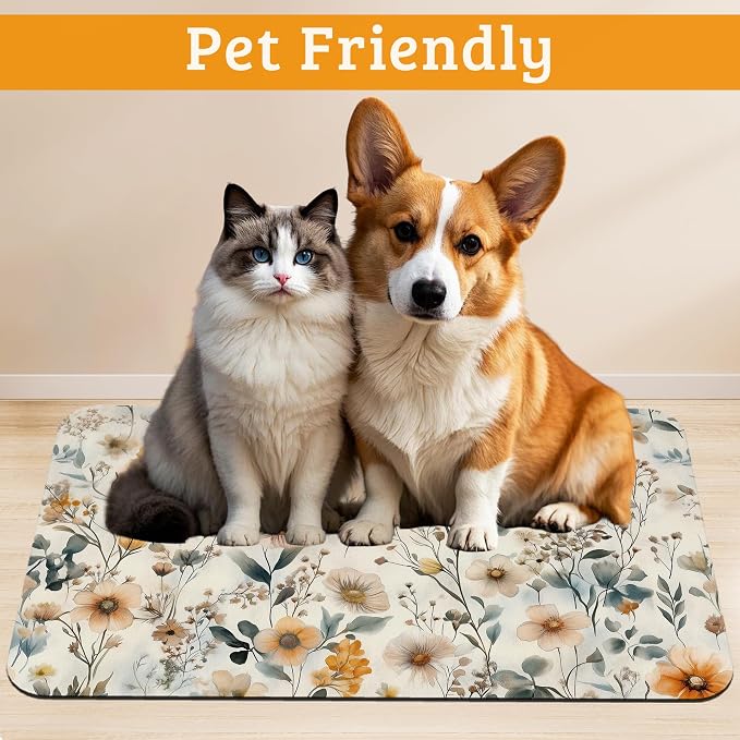 Vintage Flowers Dog Cat Food Mat, Herbs Absorbent Waterproof Placemat - Image 2