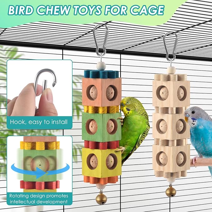 2Pcs Bird Chew Toys for Beak Grinding, Hanging Rotating Wood Block - Image 4