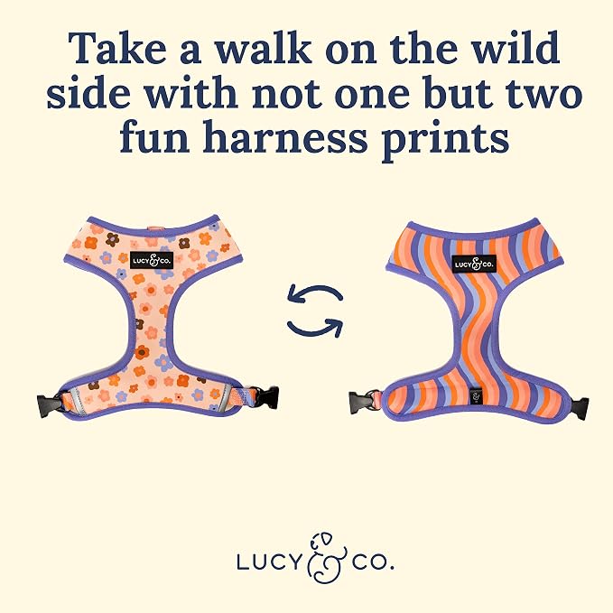 Lucy & Co. Purple with Coral Floral Wave, Cute Reversible Dog Harness Walking - Image 3