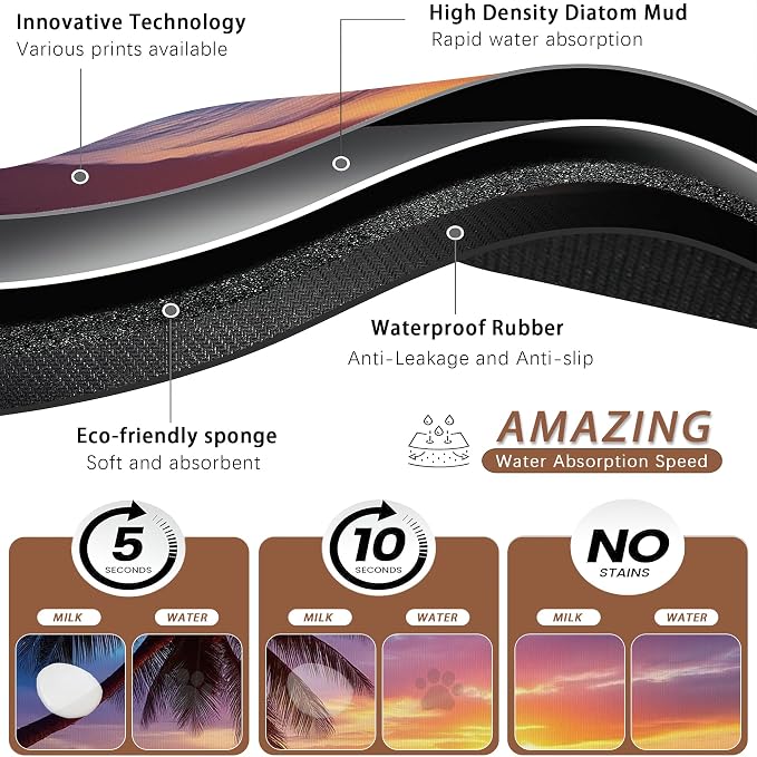 Tropical Palm Pet Feeding Mat, Sunset Trees Sea Beach Absorbent Quick-Dry Cat - Image 3