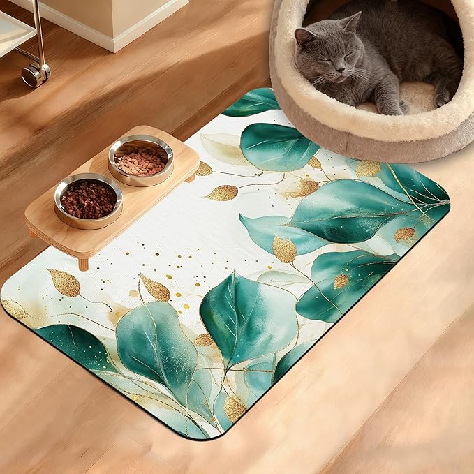Green Plam Dog Cat Food Mat, Tropical Leaves Absorbent Waterproof Placemat by Unknown