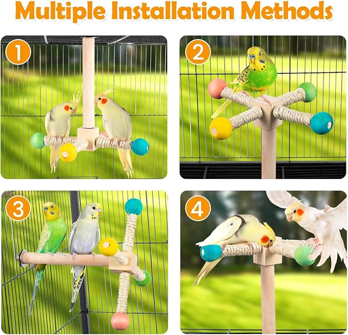 Rotating Bird Perches Toy, Interactive Spinning Parrot Parakeet Toys, Wooden - Image 5