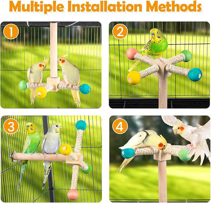 Rotating Bird Perches Toy, Interactive Spinning Parrot Parakeet Toys, Wooden - Image 5