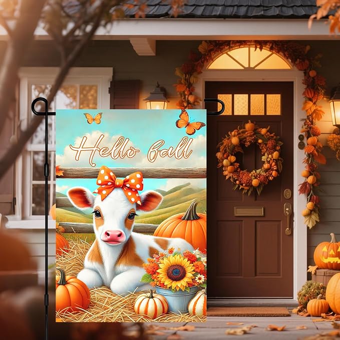 Hello Fall Garden Flag Cute Calf Cow Flag 12x18 Inch Polka Dot Bow Hay Pumpkins - Image 5