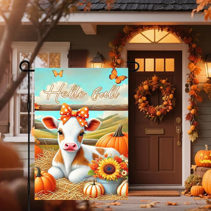 Hello Fall Garden Flag Cute Calf Cow Flag 12x18 Inch Polka Dot Bow Hay Pumpkins - Image 5