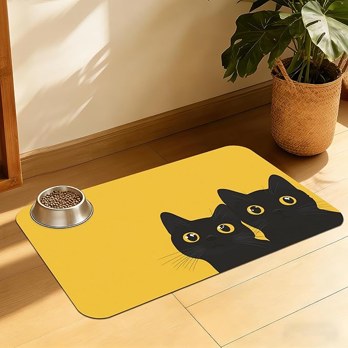 Cute Black Cat Peeking Pet Bowl Mat, Absorbent Placemat by QSOQSO