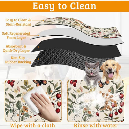 Butterfly Flower Dog Food Mat, Vintage Berry Absorbent Pet Feeding Mat - Image 5