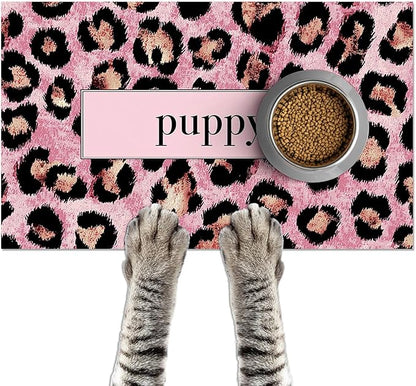 Puppy Feeding Mat 24x16 inch Pink Leopard Print Pet Bowl Placemat Non Slip by HOMETITUTE