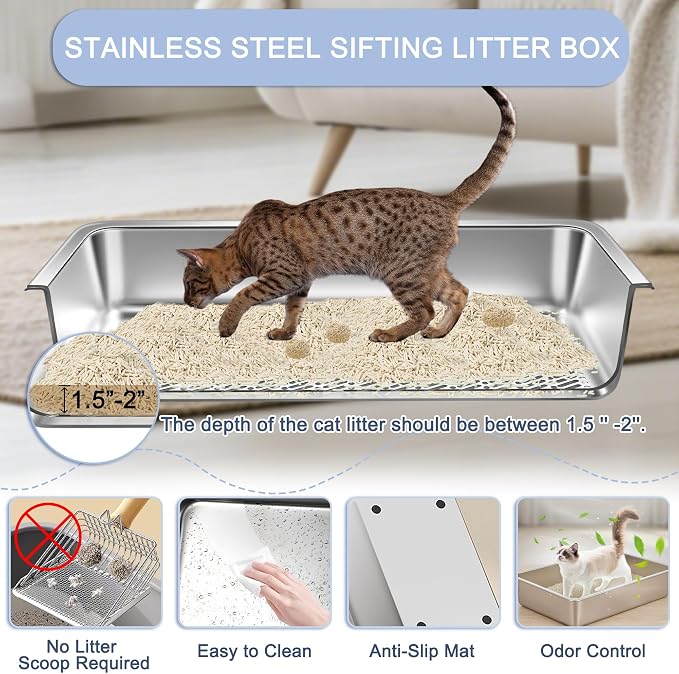 Teheao 2 Pack Stainless Steel Sifting Cat Litter Box - Image 4