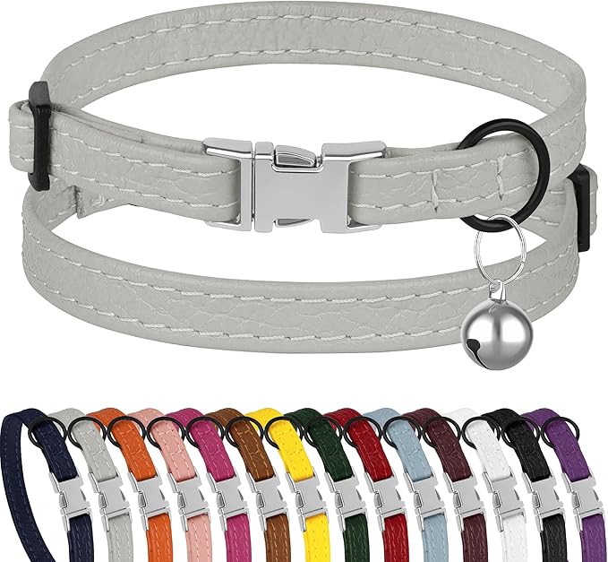Leather Cat Collar with Buckle and Removable Bell by BUDKAS