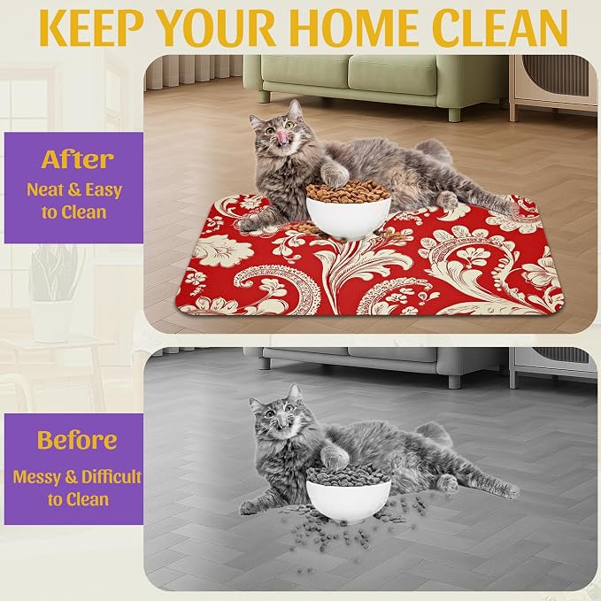 Red White Paisley Pet Food Mat, Absorbent Feeding Pad - Image 4