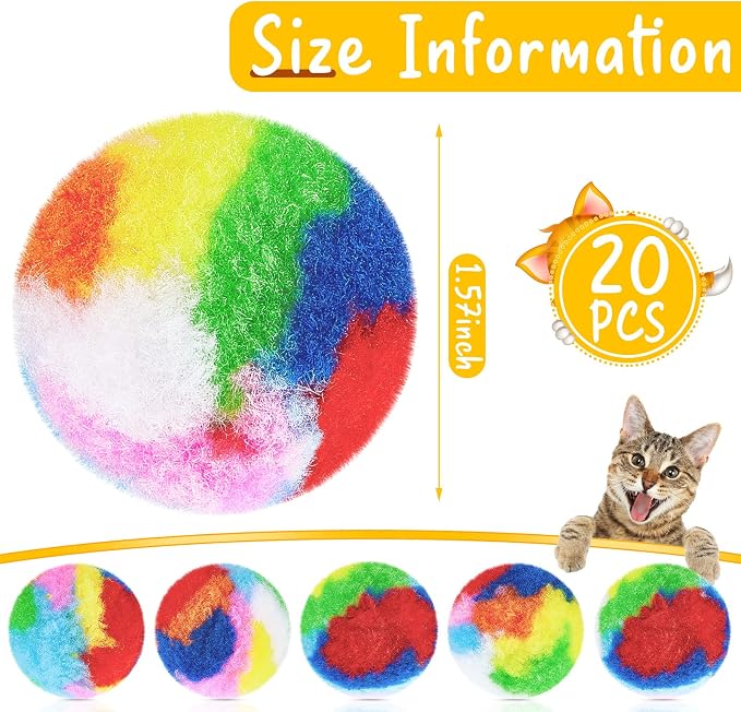 Deekin 20 Pcs Cat Pom Pom Balls Toy Kitty Yarn Puffs Assorted Color Small Plush - Image 2
