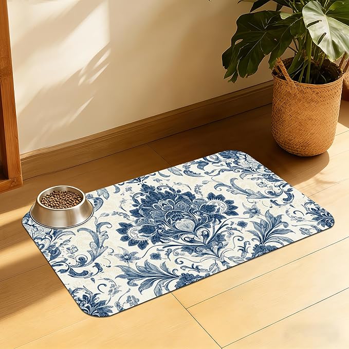 Vintage Floral Paisley Pet Feeding Mat, Absorbent Dog Cat Bowl Pad, Quick Dry by QSOQSO