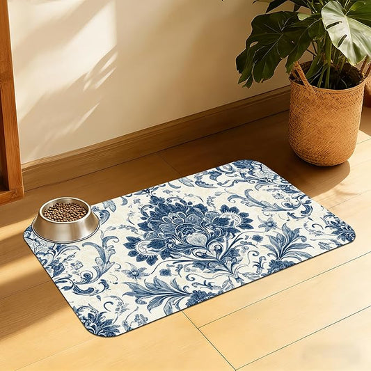 Vintage Floral Paisley Pet Feeding Mat, Absorbent Dog Cat Bowl Pad, Quick Dry by QSOQSO