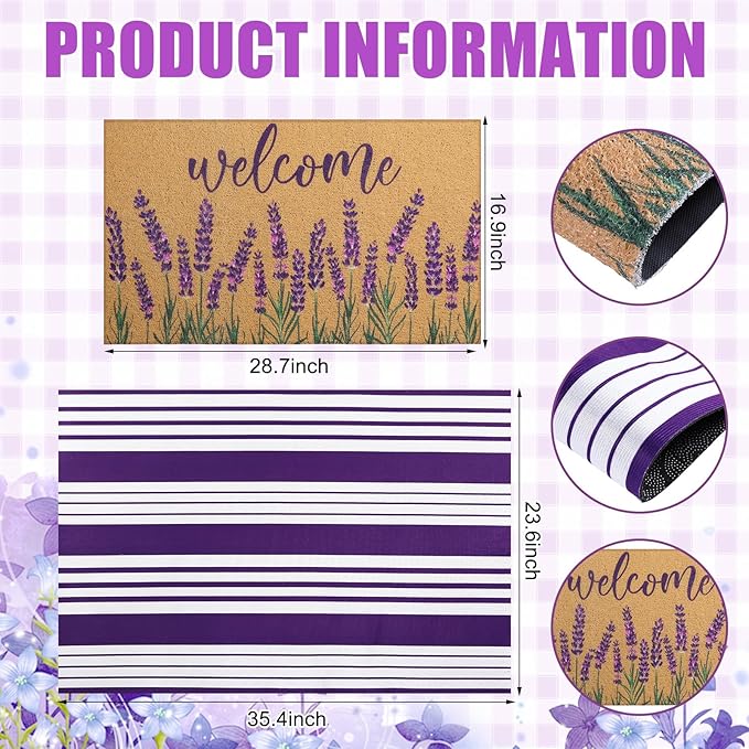 Tinideya 2 Pcs Lavender Door Mat Purple and White Stripe Welcome Non Slip Coir - Image 2