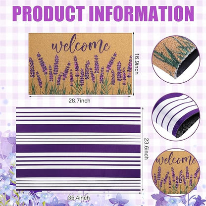 Tinideya 2 Pcs Lavender Door Mat Purple and White Stripe Welcome Non Slip Coir - Image 2