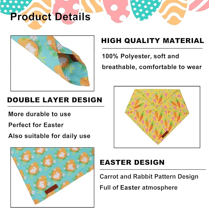 ADOGGYGO Easter Dog Bandana 2 Pack, Bunny Egg Carrot Print Pet Scarf Bib - Image 5