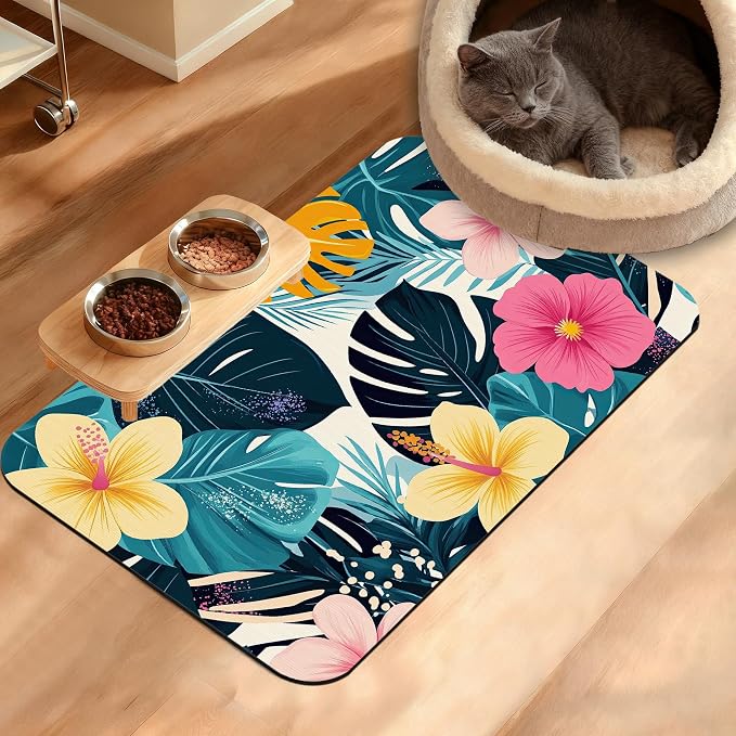 Tropical Palm Dog Food Mat, Exotic Leaves Floral Absorbent Pet Feeding Mat by Unknown