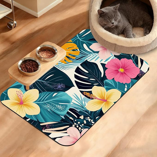 Tropical Palm Dog Food Mat, Exotic Leaves Floral Absorbent Pet Feeding Mat by Unknown