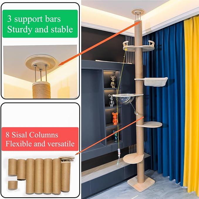 Floor to Ceiling Cat Tree Height Adjustable Cat Tower 5 Tier Hemp Scratching - Image 5
