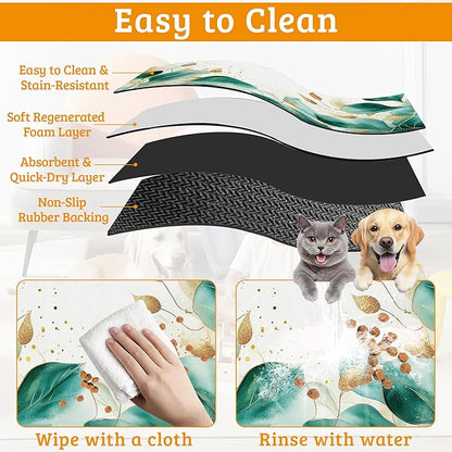 Green Plam Dog Cat Food Mat, Tropical Leaves Absorbent Waterproof Placemat - Image 5