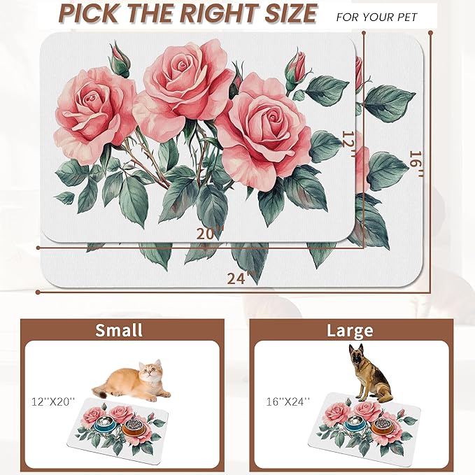 Pink Rose Pet Feeding Mat, Vintage Absorbent Quick-Dry Cat Dog Food and Water - Image 2