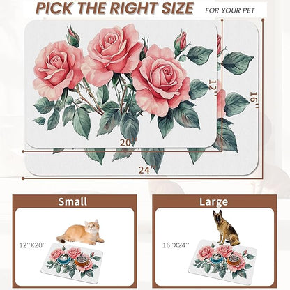 Pink Rose Pet Feeding Mat, Vintage Absorbent Quick-Dry Cat Dog Food and Water - Image 2