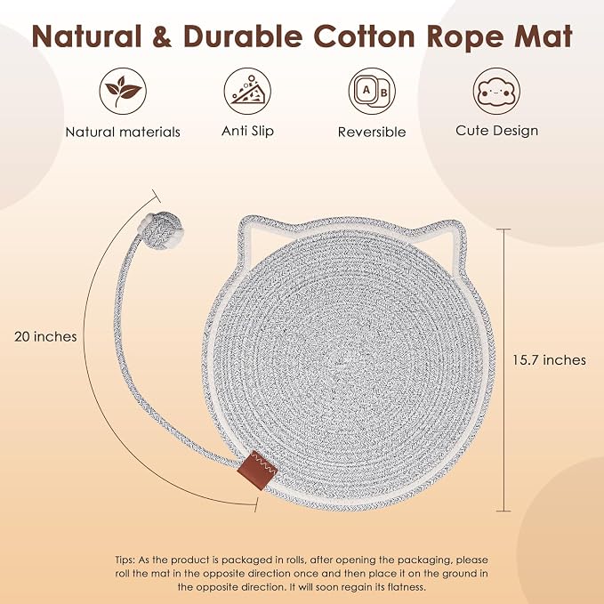 Cat Scratcher Mat, Natural Cotton Rope Cat Scratch Pad, 15.7'' Round Horizontal - Image 2