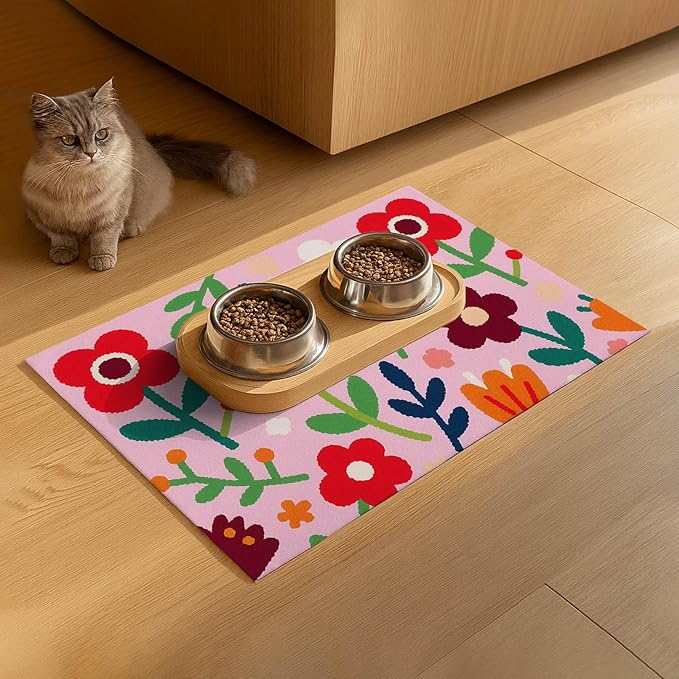 Pet Feedings Mats 20x12 inch Floral Print Pet Bowl Placemat Non Slip Mat - Image 9