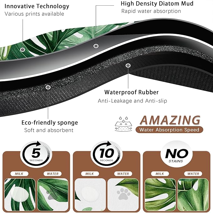 Palm Leaf Pet Feeding Mat, Boho Absorbent Quick-Dry Cat Dog Food and Water Bowl - Image 3