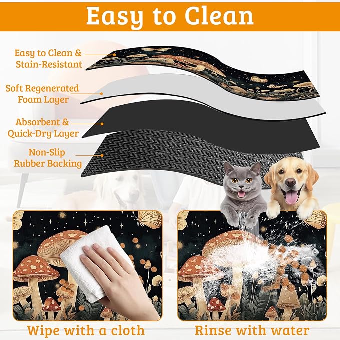 Fantasy Mushroom Dog Cat Food Mat, Butterfly Stars Absorbent Waterproof Placemat - Image 5